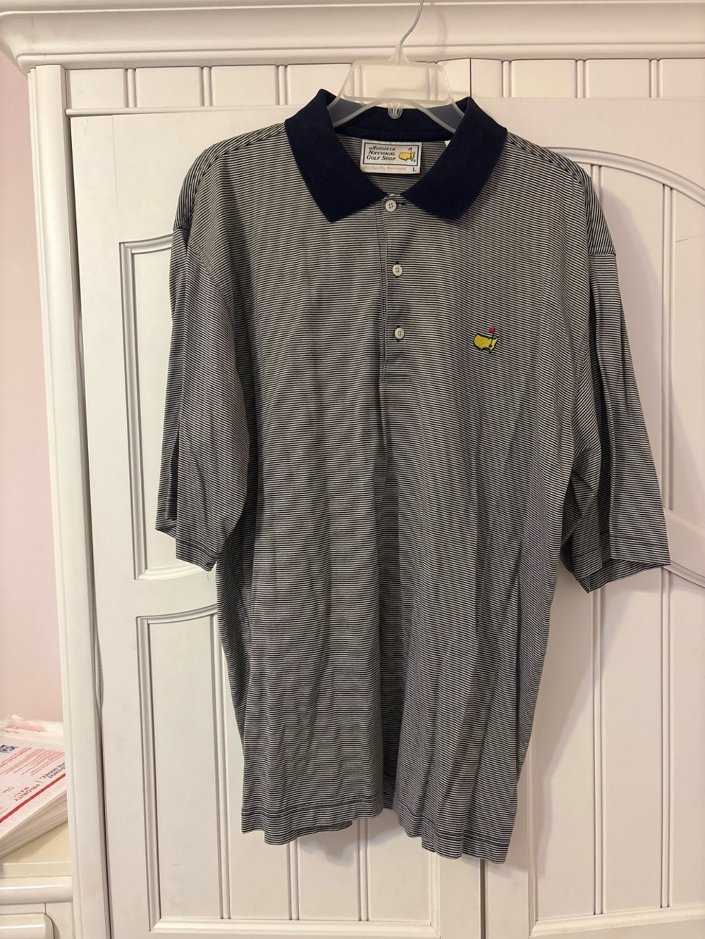 Masters Gray Striped Polo with Navy Collar and Yellow Logo